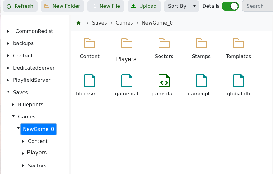 Empyrion File Manager showing Players folder inside active save