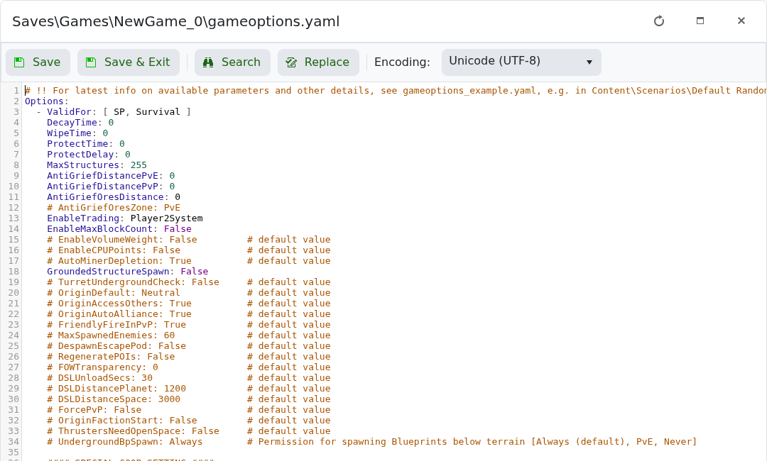 Empyrion gameoptions.yaml editor showing world settings