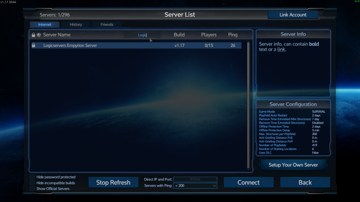 Empyrion server browser filtered to Logicservers Empyrion Server