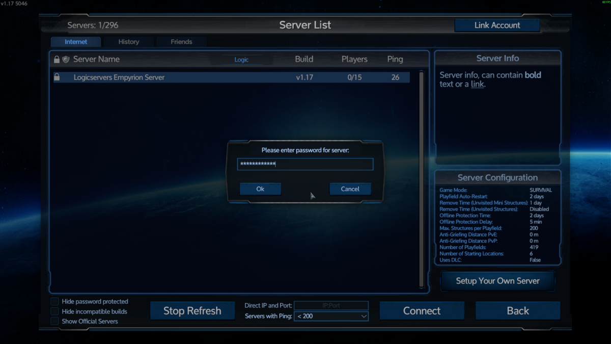 Empyrion password prompt for a password protected server