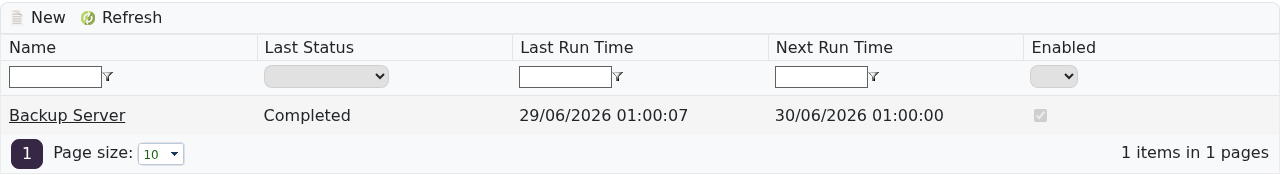 Empyrion Scheduled Tasks page showing task list and next run time