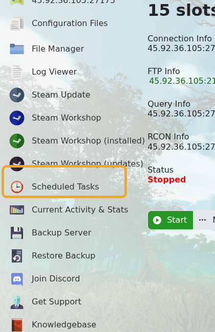 Empyrion control panel showing Scheduled Tasks