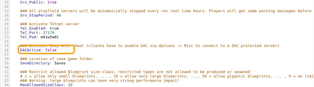 Empyrion server.yaml showing EACActive setting