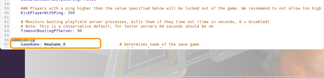 Empyrion server.yaml showing GameName for the active save