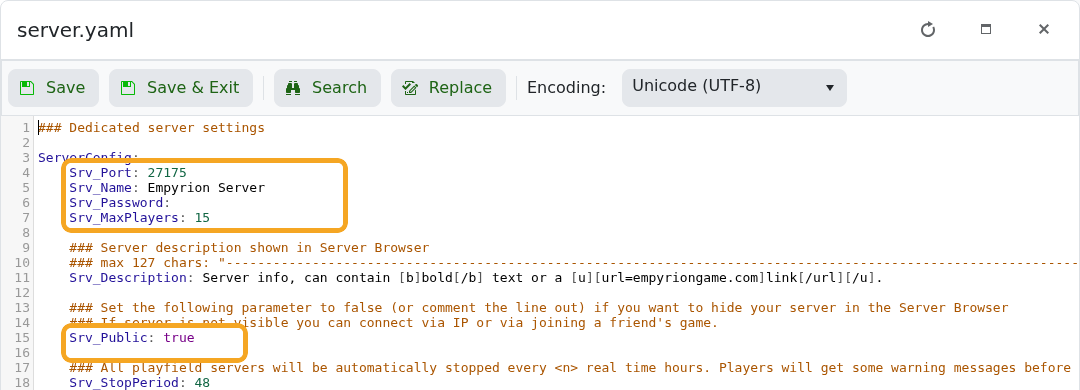 Empyrion server.yaml showing server name password and public listing settings