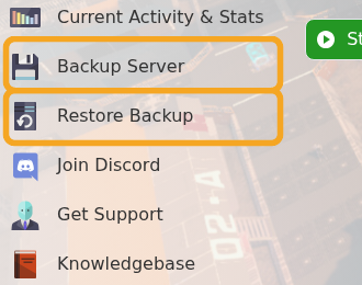 Empyrion control panel showing Restore Backup