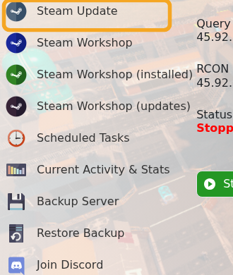 Empyrion control panel showing Steam Update