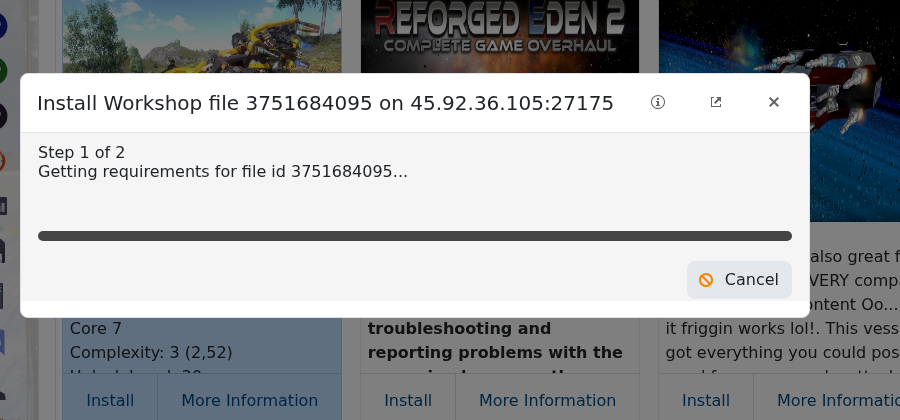 Empyrion Steam Workshop install progress modal