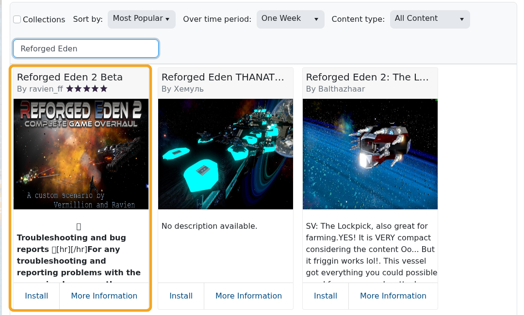Empyrion Steam Workshop showing Reforged Eden 2 Beta