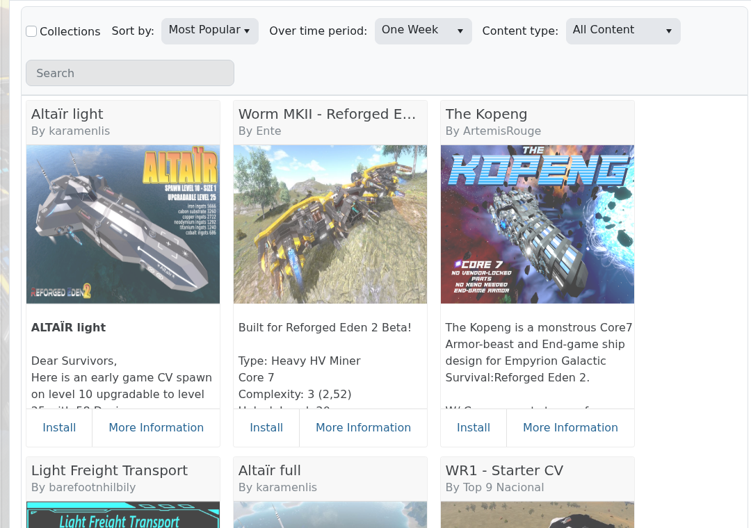 Empyrion Steam Workshop page showing search results and install buttons