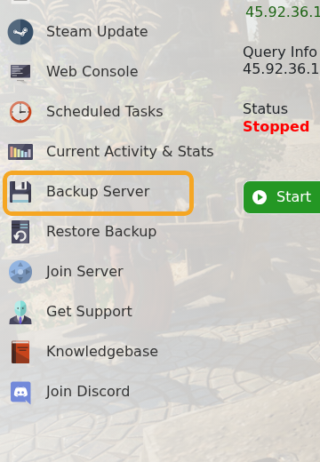 Enshrouded control panel showing Backup Server