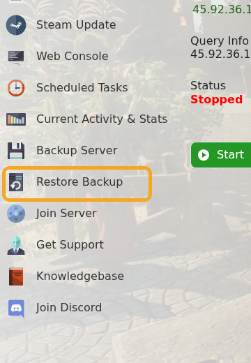 Enshrouded control panel showing Restore Backup
