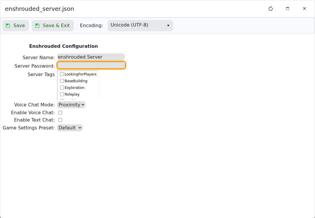 Enshrouded Config Editor showing Server Password