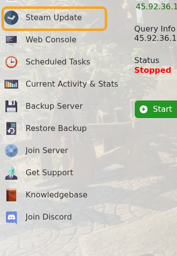 Enshrouded control panel showing Steam Update