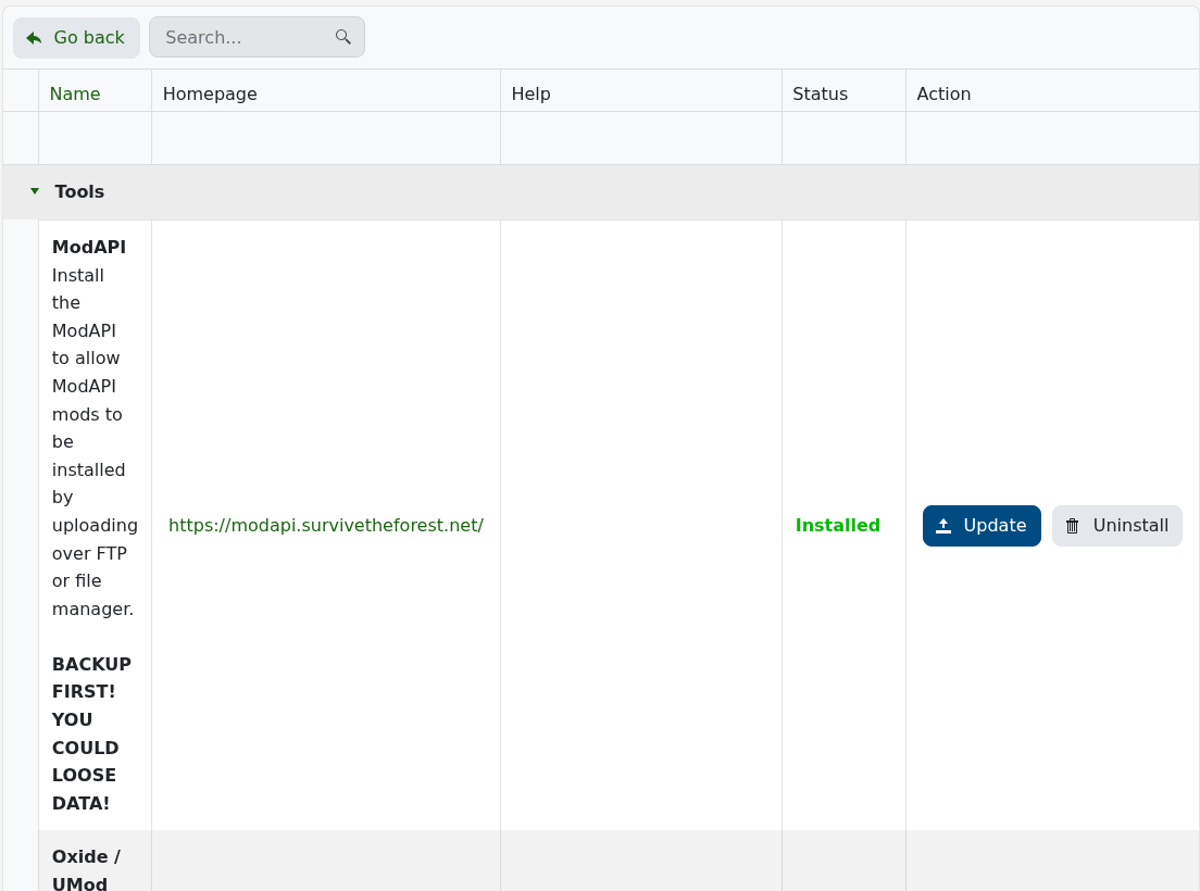 The Forest Mod Manager showing ModAPI installed