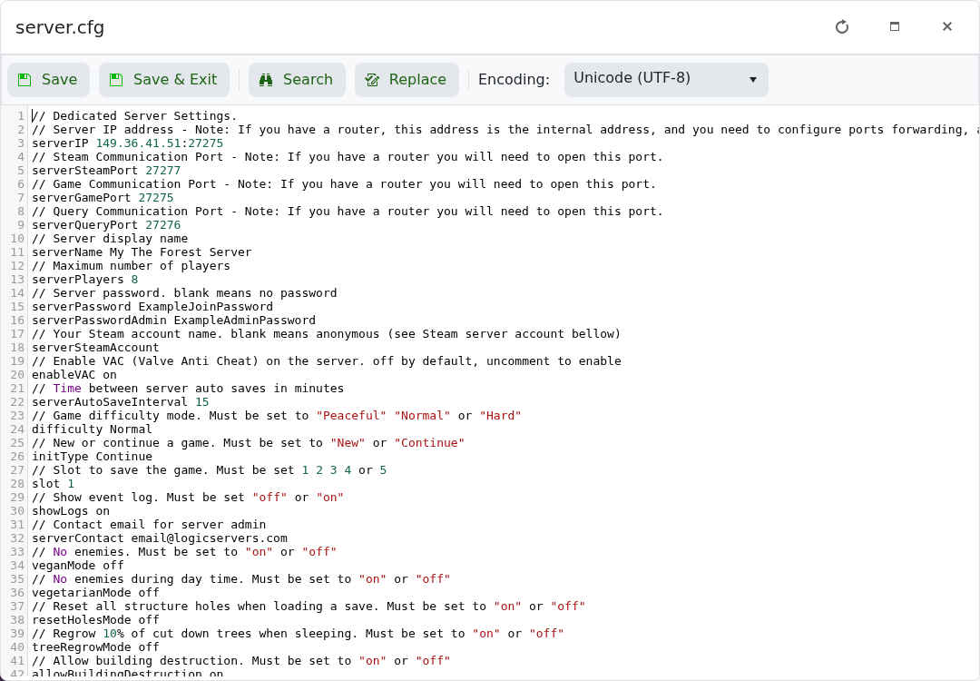 The Forest server.cfg showing example name passwords save slot and difficulty