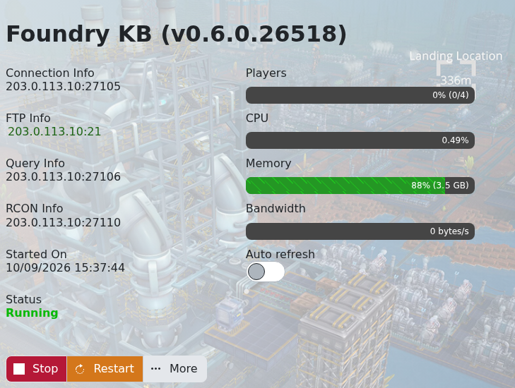 Foundry game server connection information in TCAdmin