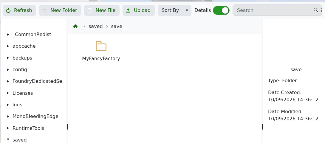 Foundry world folder under saved and save in the TCAdmin file manager