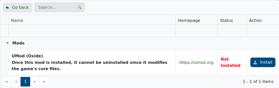 UMod Oxide Install button in the Hurtworld Mod Manager