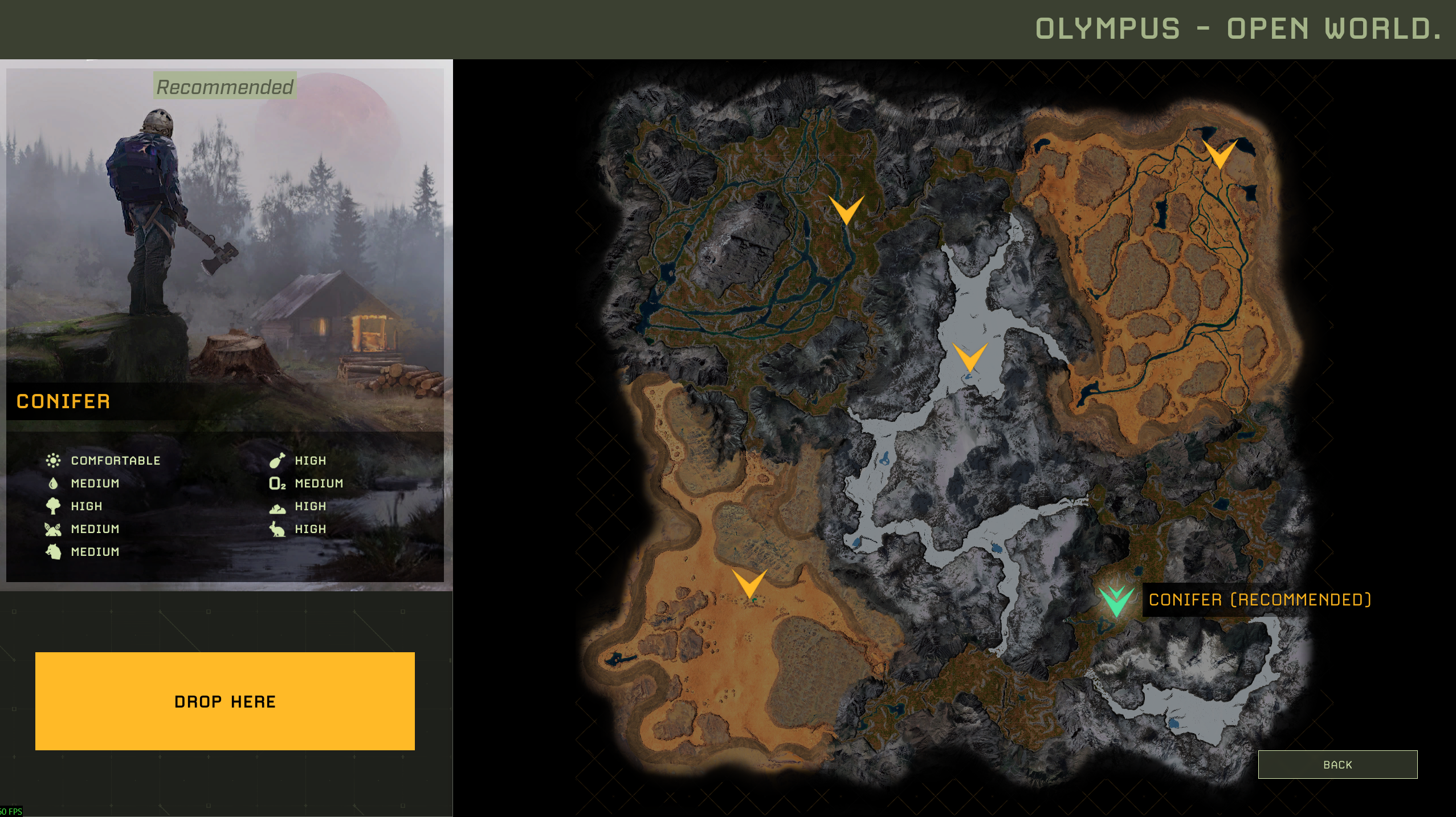 Icarus Open World drop zone map showing Drop Here