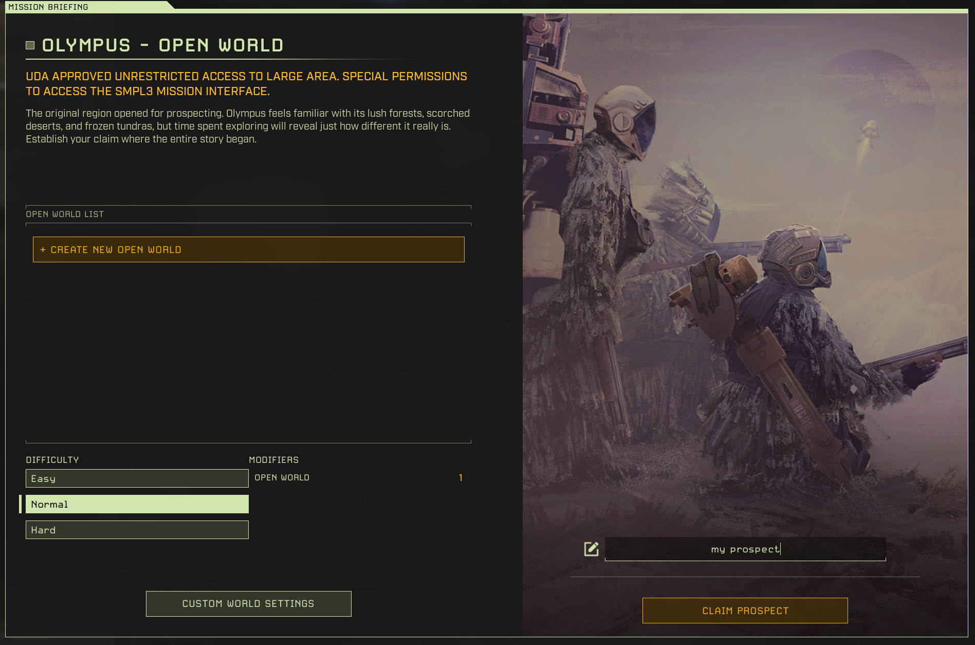 Icarus Open World briefing showing Create New Open World and Claim Prospect