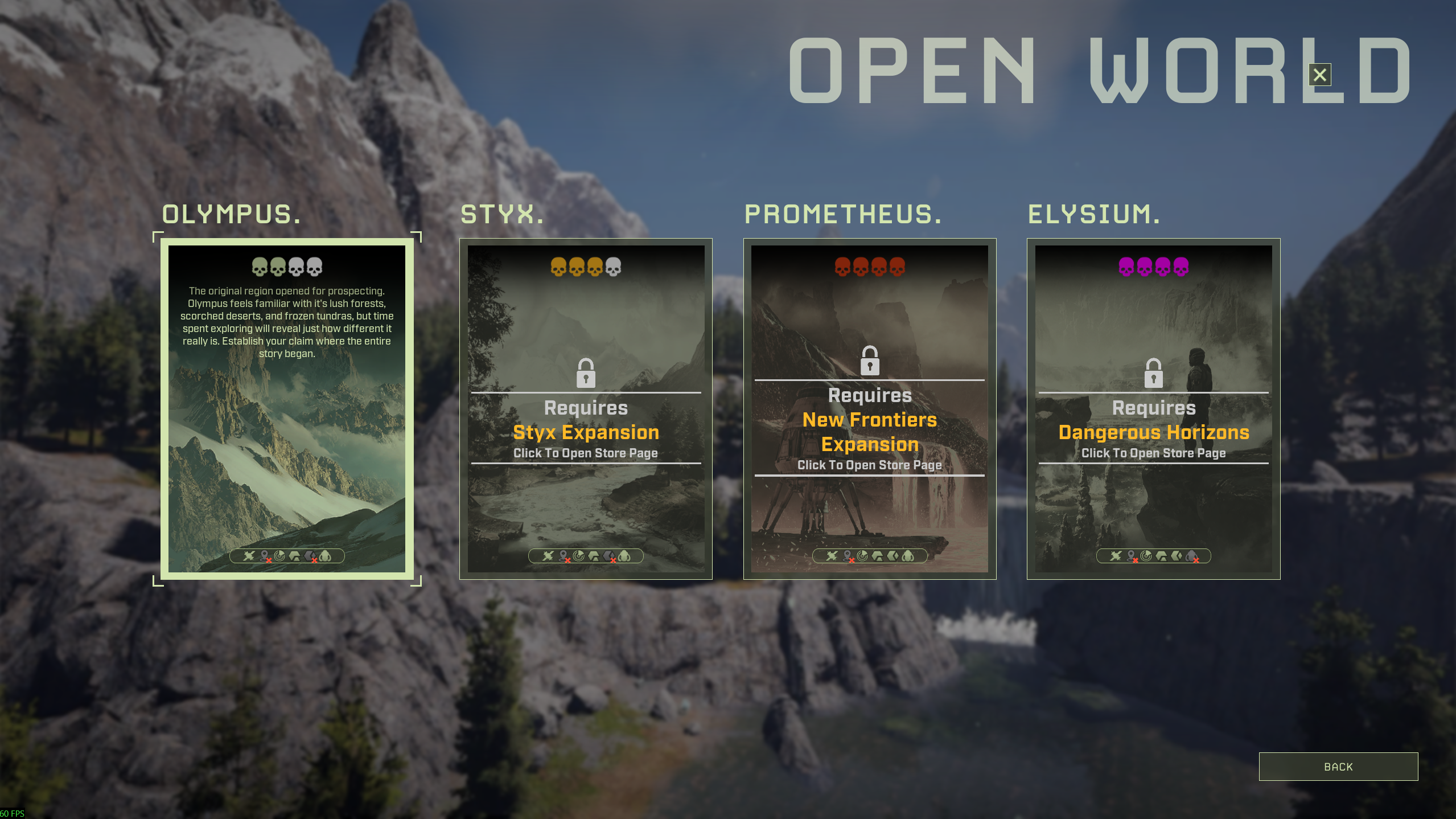 Icarus Open World region selection screen