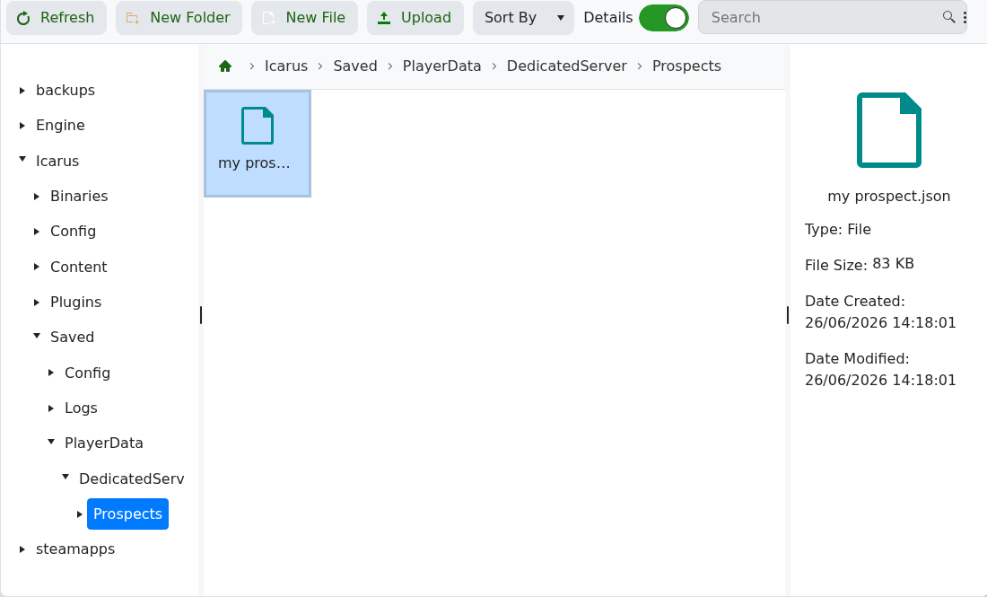 Icarus File Manager showing the Prospects folder with a prospect JSON file
