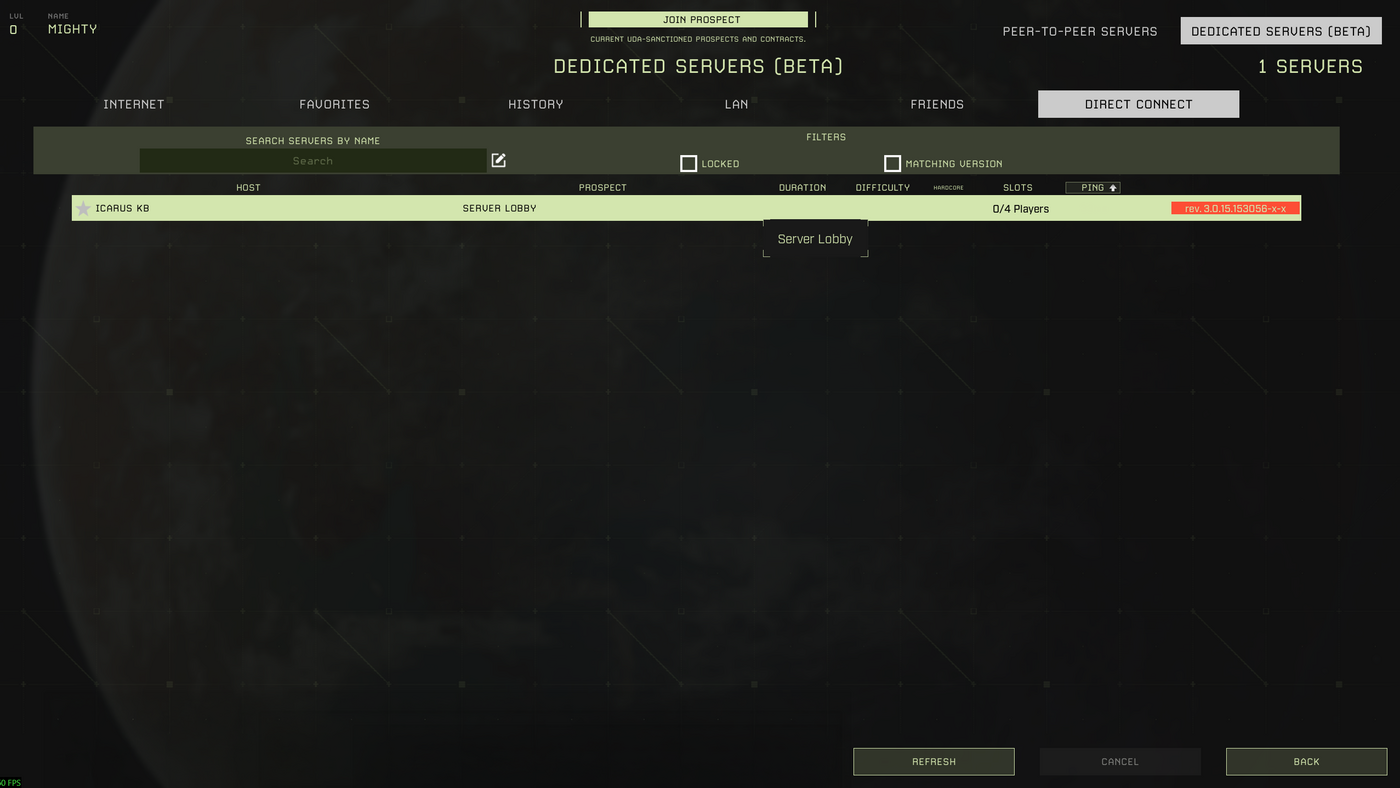 Icarus Dedicated Servers list showing a listed server
