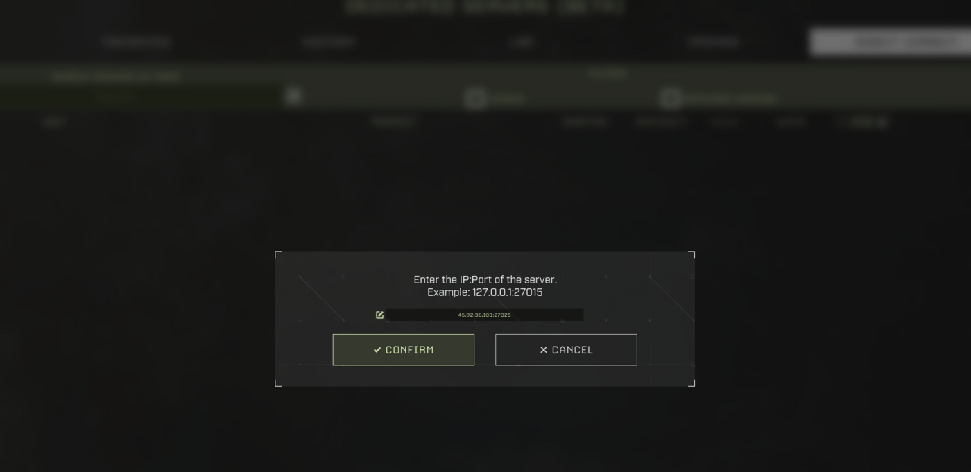 Icarus Direct Connect popup for entering IP and port