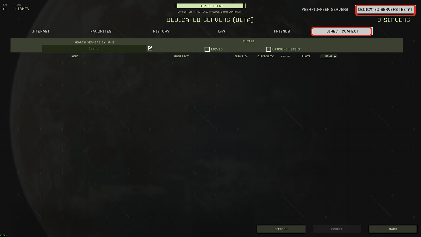 Icarus Dedicated Servers list showing the Dedicated Servers and Direct Connect buttons