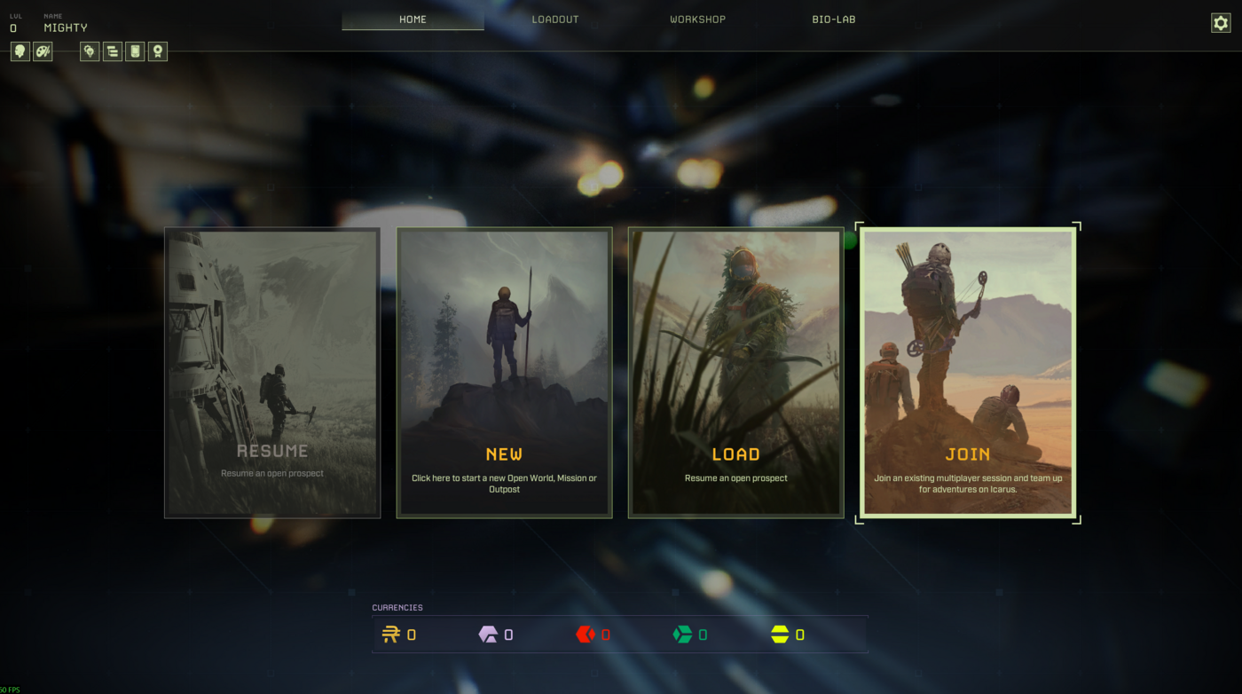 Icarus Home screen showing Resume, New, Load, and Join cards