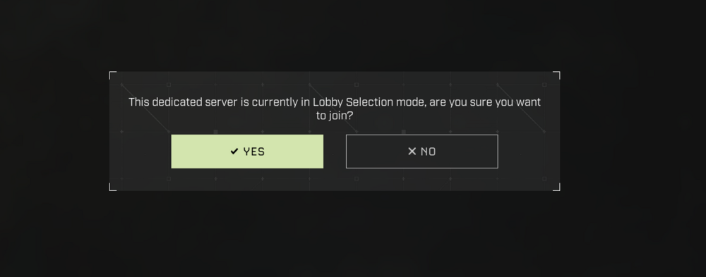 Icarus Lobby Selection warning with Yes selected