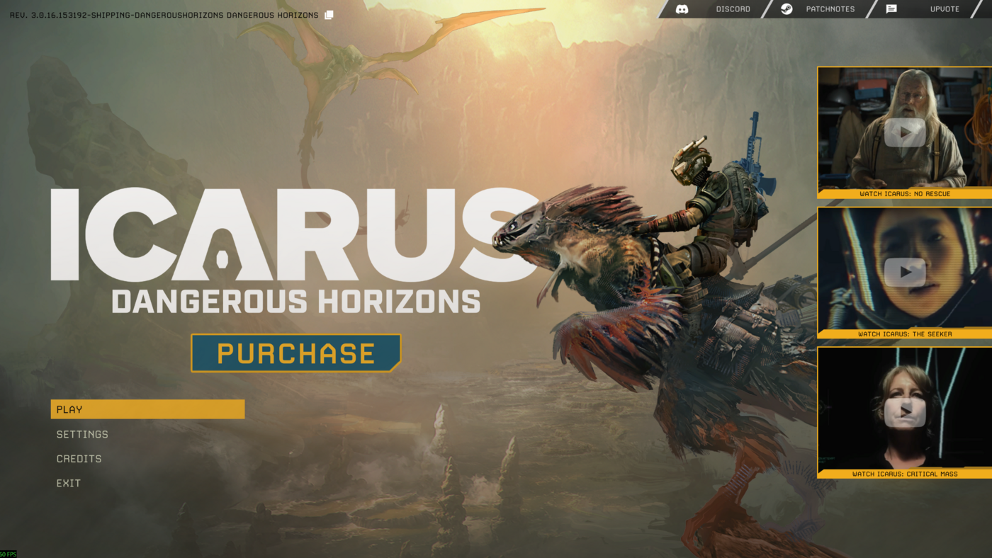 Icarus main menu with Play selected