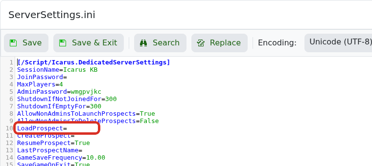 Icarus Text Editor showing LoadProspect in ServerSettings.ini