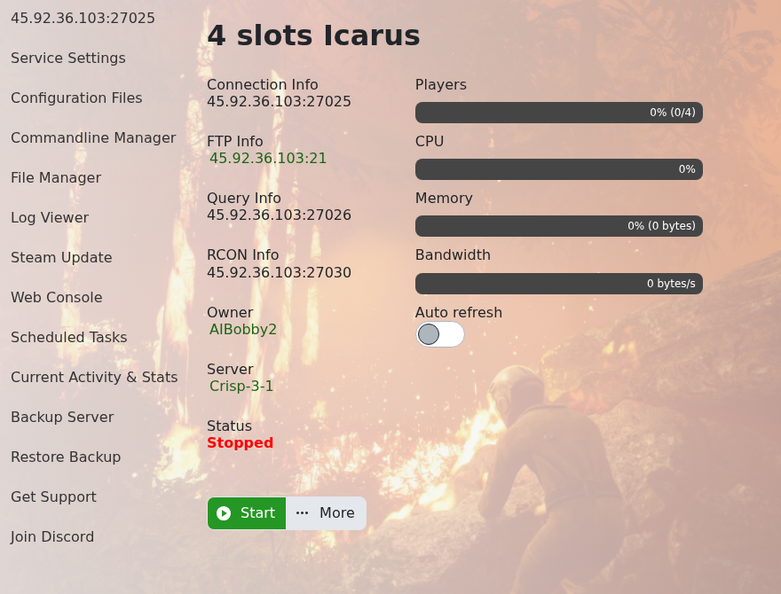 Icarus control panel home page
