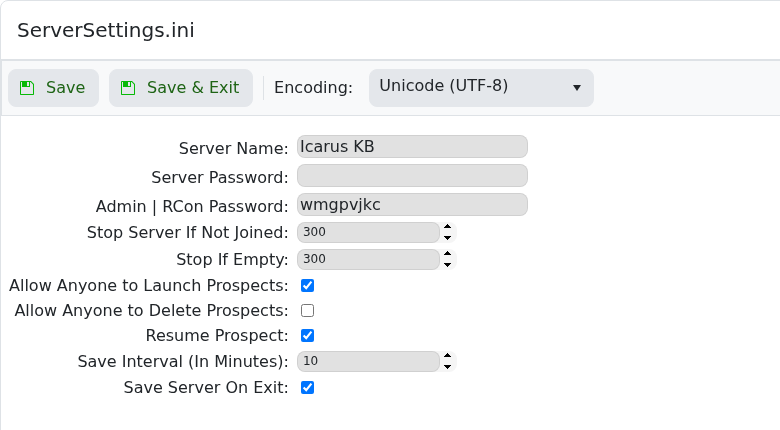 Icarus prospect settings with Save and Save & Exit buttons