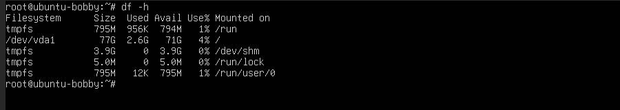 Ubuntu VPS terminal showing df -h disk usage output