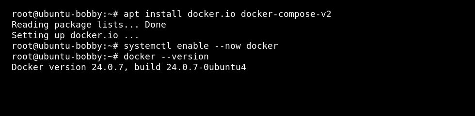 Linux VPS terminal showing Docker installed and docker version output
