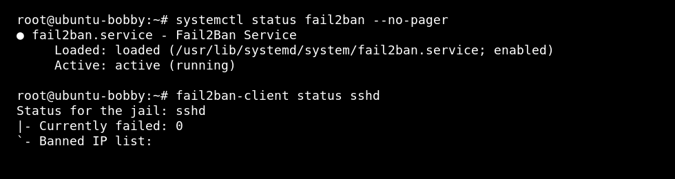 Linux VPS terminal showing Fail2ban service status and sshd jail status