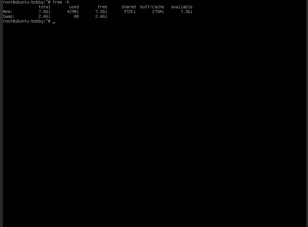 Ubuntu VPS terminal showing free -h memory and swap output