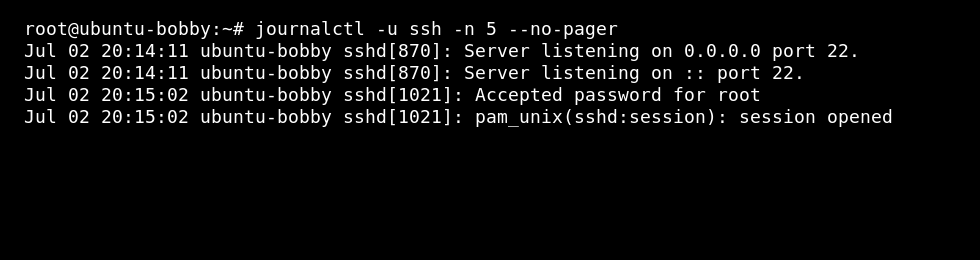 Linux VPS terminal showing journalctl output for the SSH service