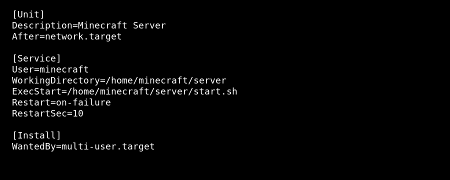 Linux terminal showing a Minecraft systemd service file