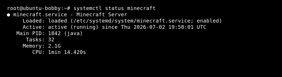 Linux terminal showing systemctl status for a Minecraft service