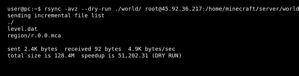 Linux terminal showing an rsync dry run before copying files to a VPS
