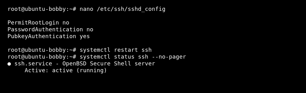 Linux VPS terminal showing SSH hardening options and active SSH service status