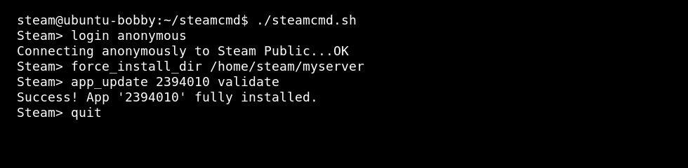 Linux VPS terminal showing SteamCMD installing a dedicated server app