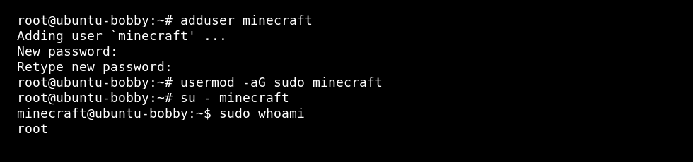Linux VPS terminal showing a new sudo user being created and tested