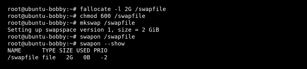 Linux VPS terminal showing a swap file being created and enabled