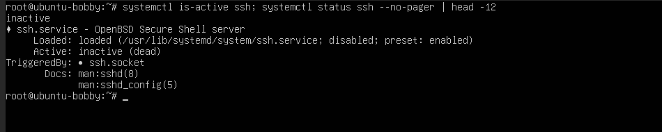Ubuntu VPS terminal showing systemctl status output for the SSH service