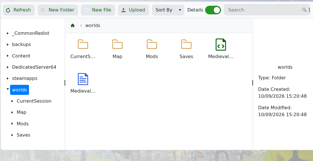 Medieval Engineers worlds folder in the TCAdmin file manager